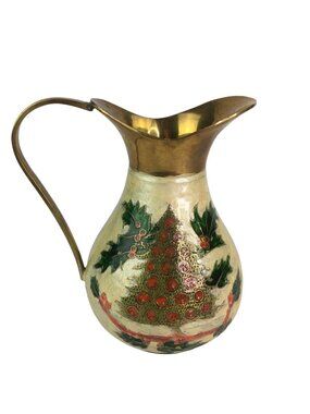 Vintage Christmas Water Pitcher Tree Holly Cloisonne Holiday Decor India